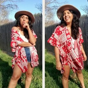 MANDALA KIMONO RUFFLE CARDIGAN IN RED